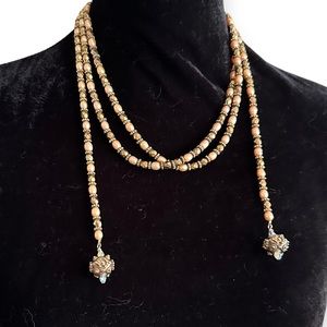 Handmade Golden Beaded Lariat Wrap Tassel Necklace Super Long Pearls Crystal